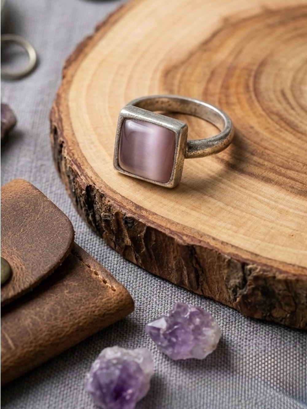 Vintage Square Pink Cat's Eye Ring 7 1/2